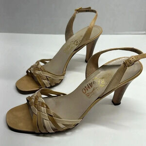 Salvatore Ferragamo High Heel Pumps Shoes Braided Leather Open Toe Ankle Strap 7